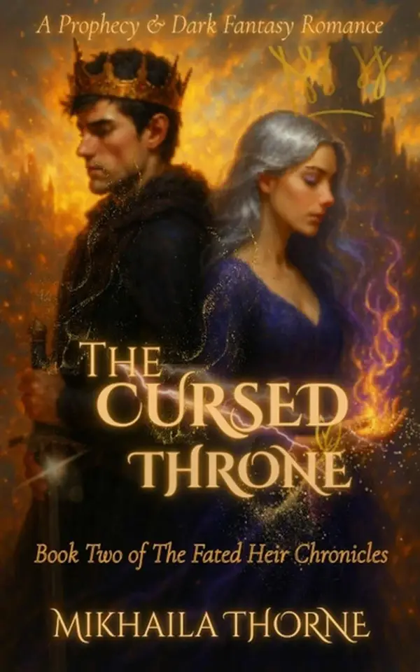 The Cursed Throne book cover featuring a king and silver-haired woman with a crown against a fiery background.