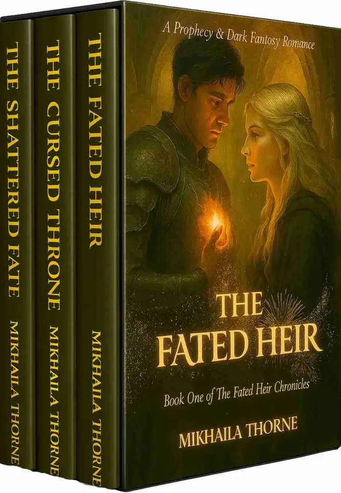Cover of 'The Fated Heir' by Mikhaila Thorne, featuring two characters in a dark fantasy romance setting.