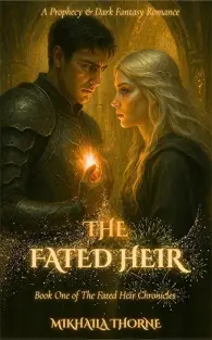 Cover of 'The Fated Heir' by Mikhaila Thorne, featuring two characters in a dark fantasy romance setting.
