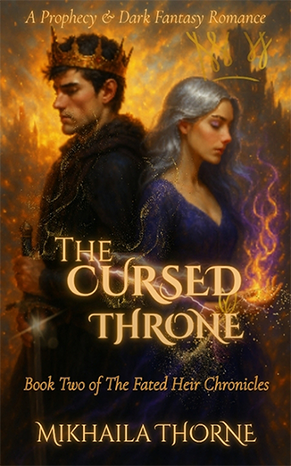 Cover of 'The Cursed Throne' by Mikhaila Thorne, featuring two characters in a dark fantasy romance setting.