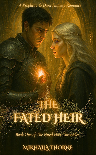 Cover of 'The Fated Heir' by Mikhaila Thorne, featuring two characters in a dark fantasy romance setting.