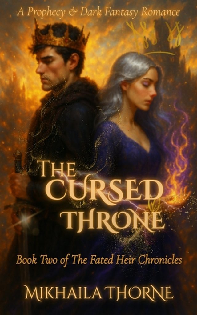The Cursed Throne book cover featuring a king and silver-haired woman with a crown against a fiery background.