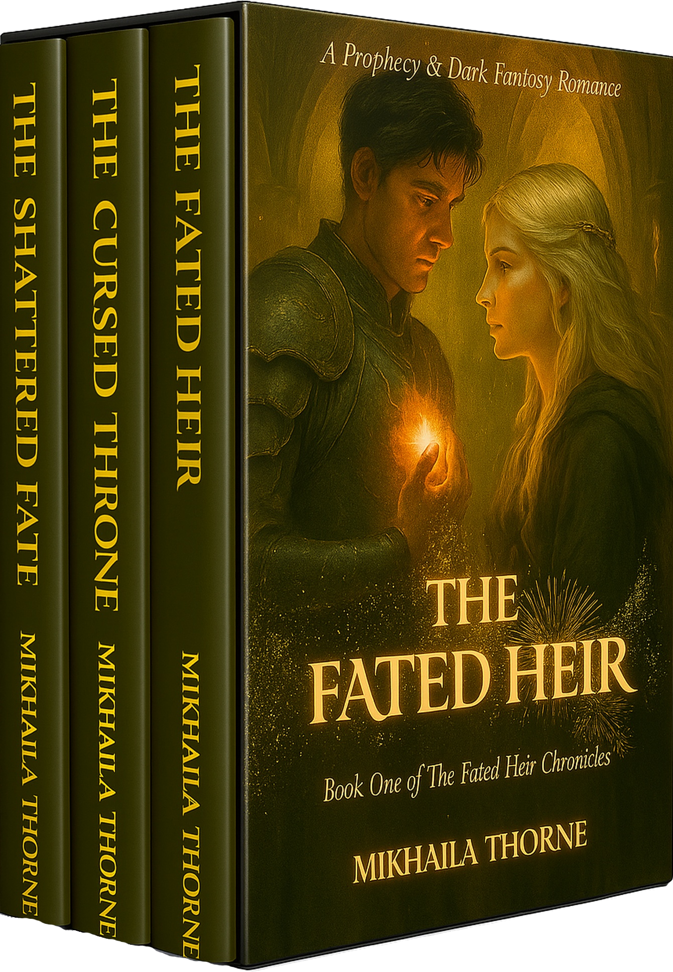 Cover of 'The Fated Heir' by Mikhaila Thorne, featuring two characters in a dark fantasy romance setting.